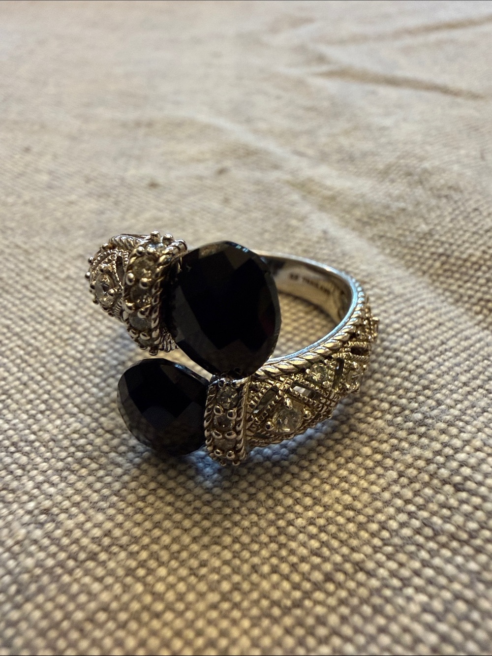Judith Ripka Sterling silver ring with CZs smoky quartz orbs, size 8